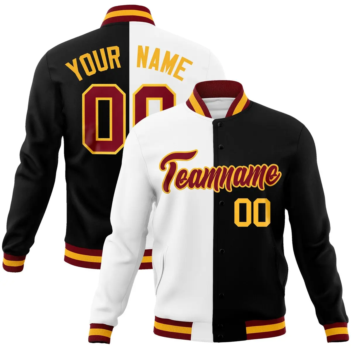 White Black Crimson Split Varsity Full-Snap Letterman Jacket