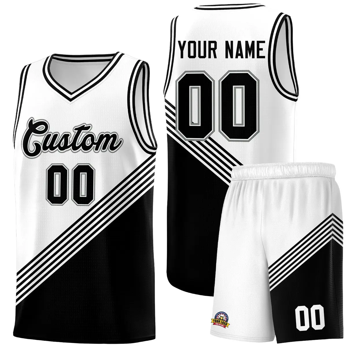 White Black Diagonal Stripes Color Block Basketball Jersey