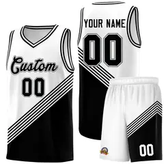 White Black Diagonal Stripes Color Block Basketball Jersey