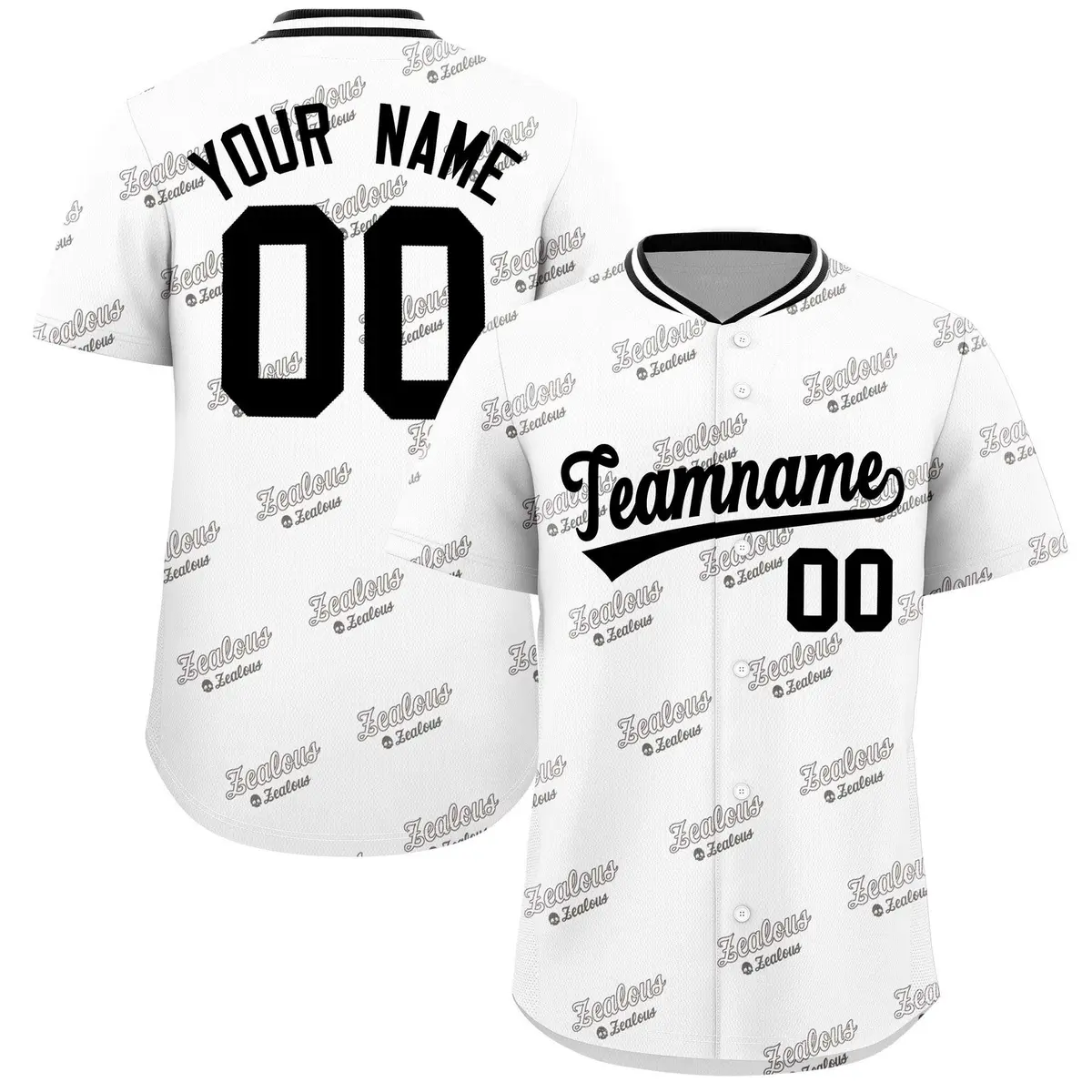 White Black Full Button Graffiti Text Baseball Jersey