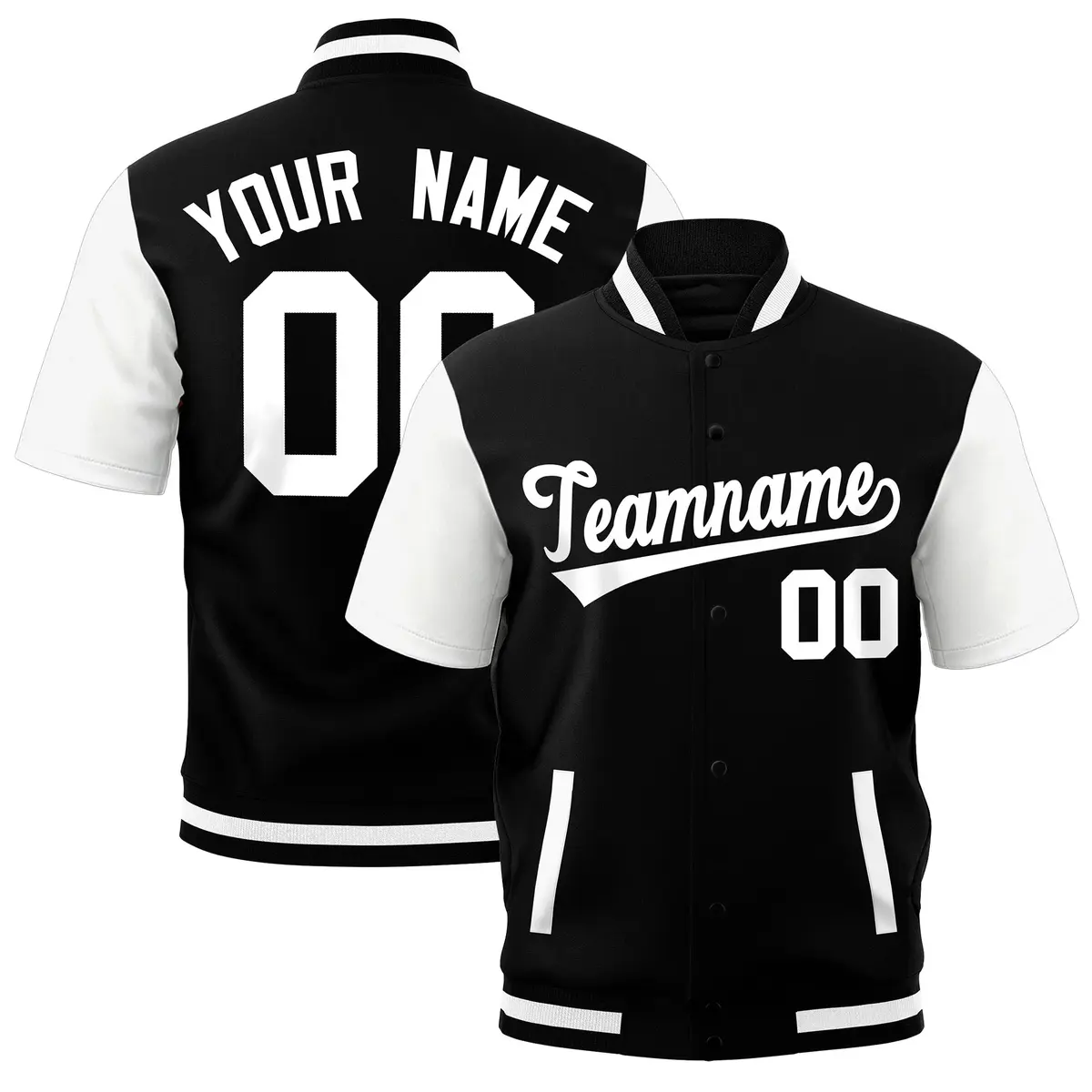 White Black Full-Snap Short Sleeve Varsity Jacket