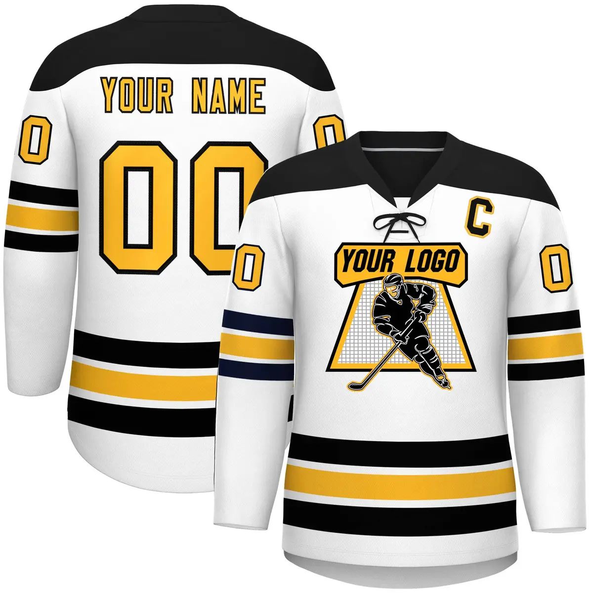 White Black Gold Classic Lace-Up Neck Hockey Jersey