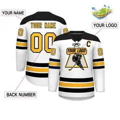 White Black Gold Classic Lace-Up Neck Hockey Jersey 2