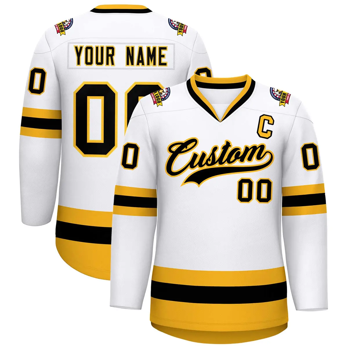 White Black-Gold Classic Style Hockey Jersey