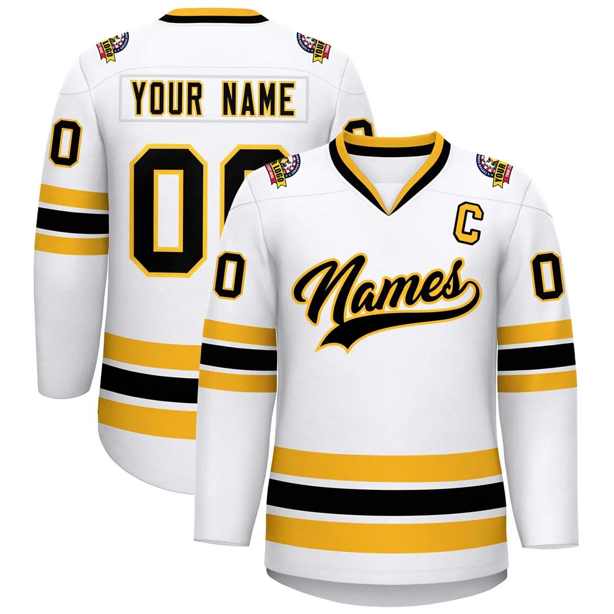 White Black-Gold Classic Style Hockey Jersey