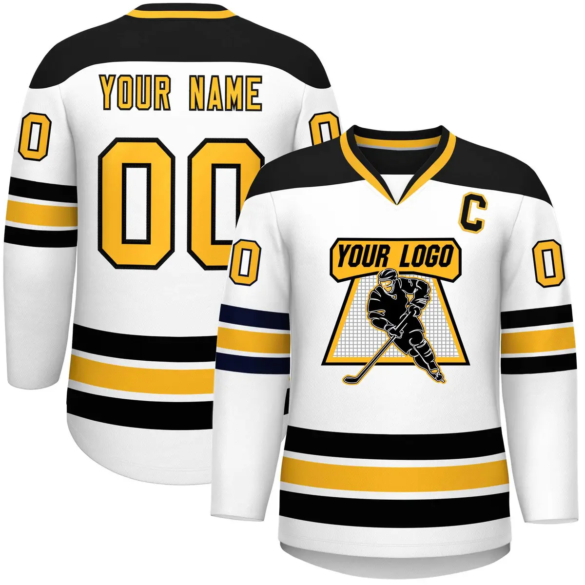 White Black-Gold Classic V-Neck Hockey Jersey