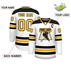 White Black-Gold Classic V-Neck Hockey Jersey 2