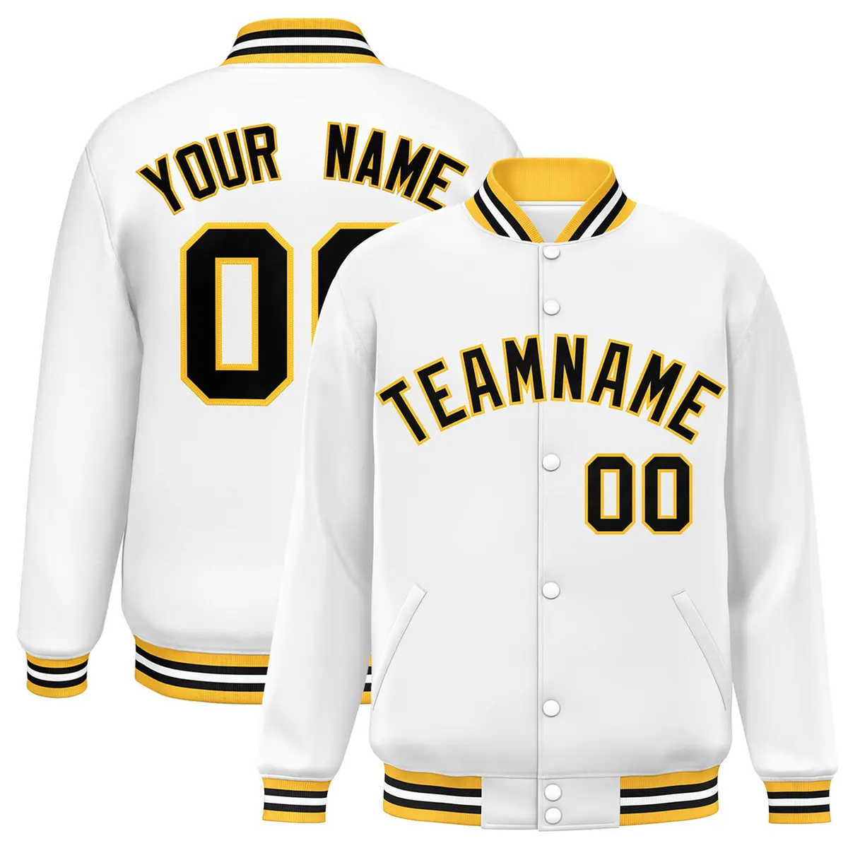 White Black-Gold Classic Varsity Full-Snap Letterman Jacket
