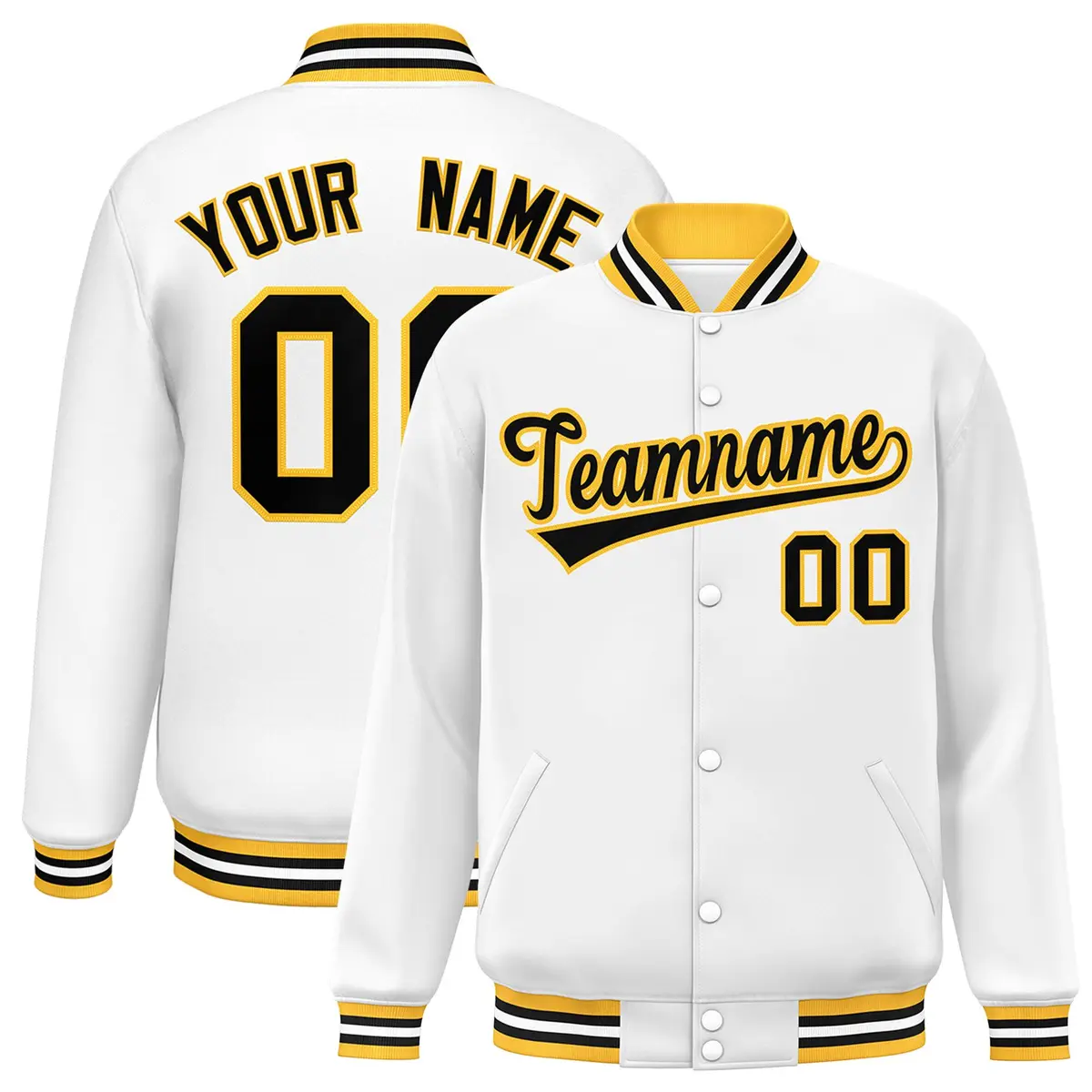 White Black-Gold Classic Varsity Full-Snap Letterman Jacket