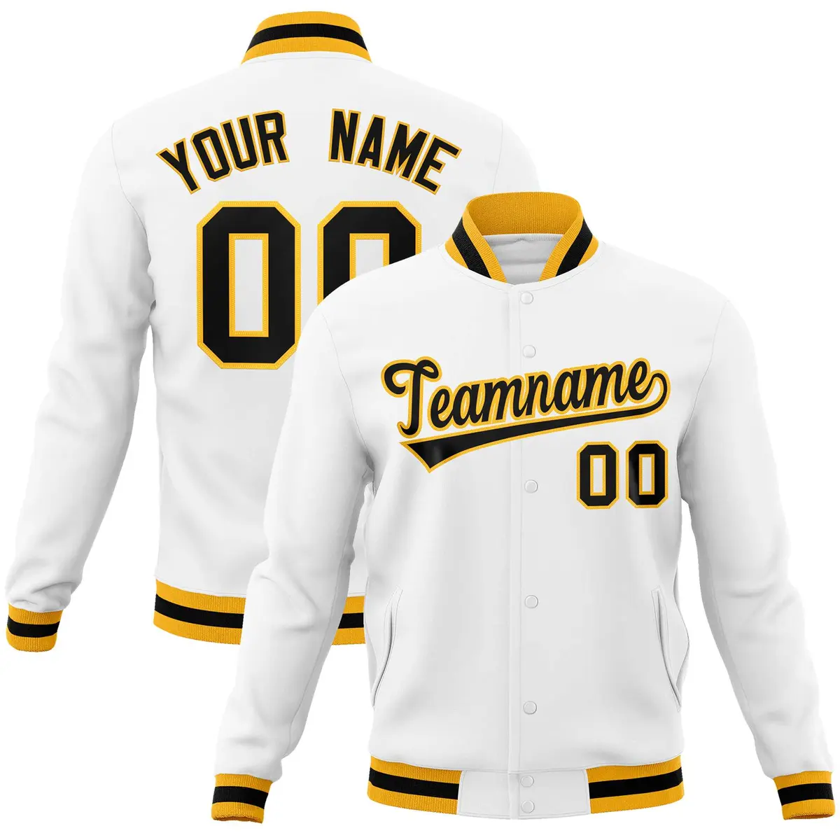 White Black-Gold Classic Varsity Full-Snap Letterman Jacket