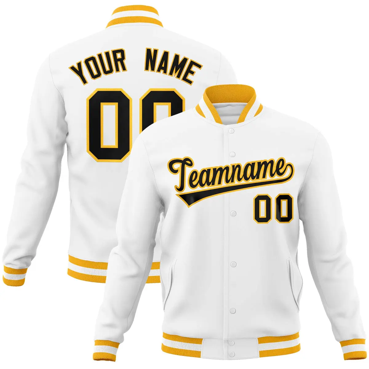 White Black-Gold Classic Varsity Full-Snap Letterman Jacket