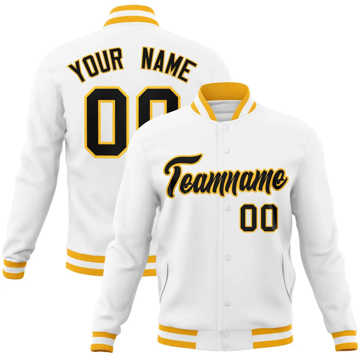White Black-Gold Classic Varsity Full-Snap Letterman Jacket