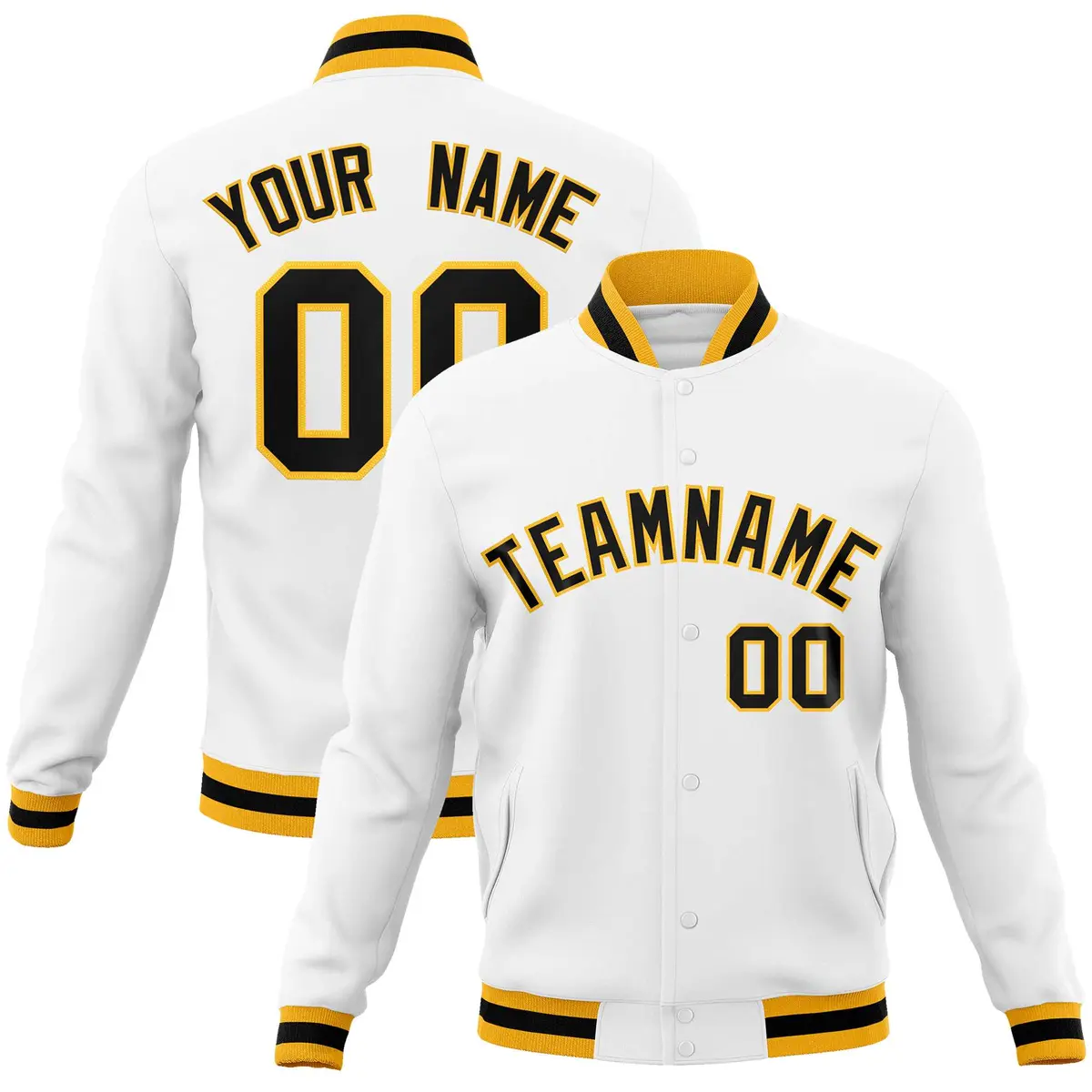 White Black-Gold Classic Varsity Full-Snap Letterman Jacket