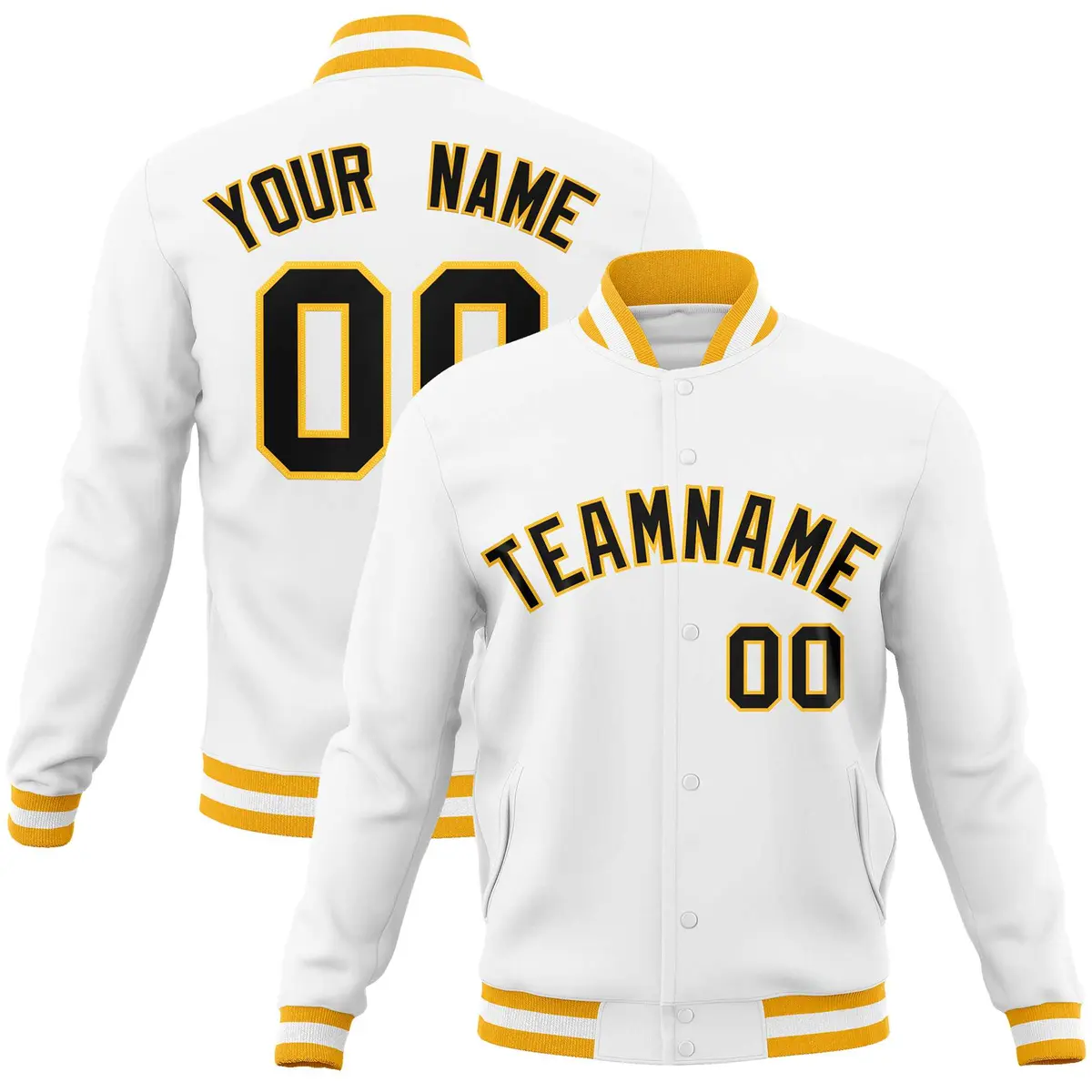 White Black-Gold Classic Varsity Full-Snap Letterman Jacket