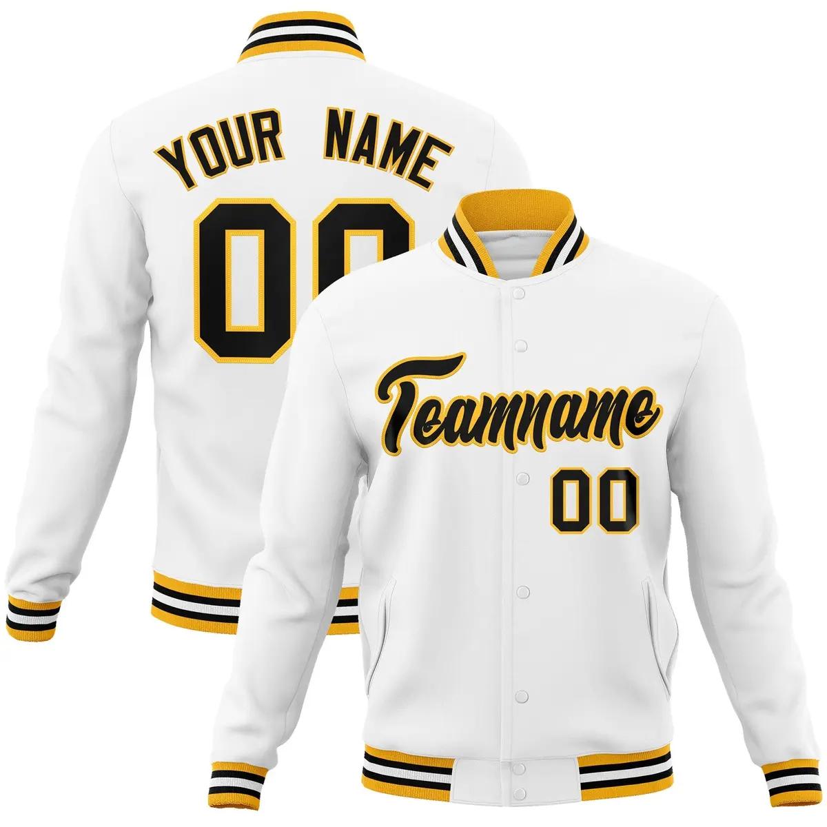 White Black-Gold Classic Varsity Full-Snap Letterman Jacket