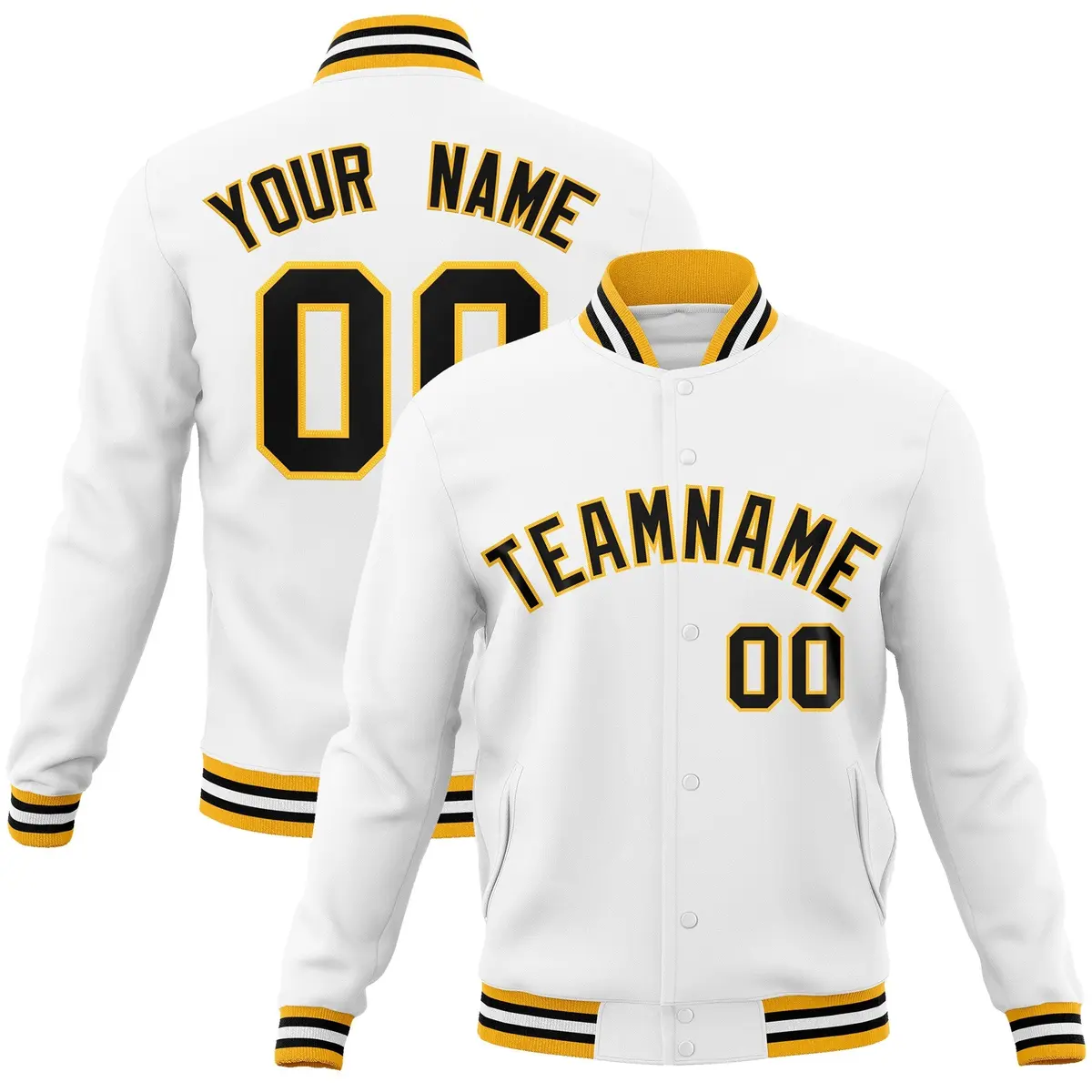 White Black-Gold Classic Varsity Full-Snap Letterman Jacket