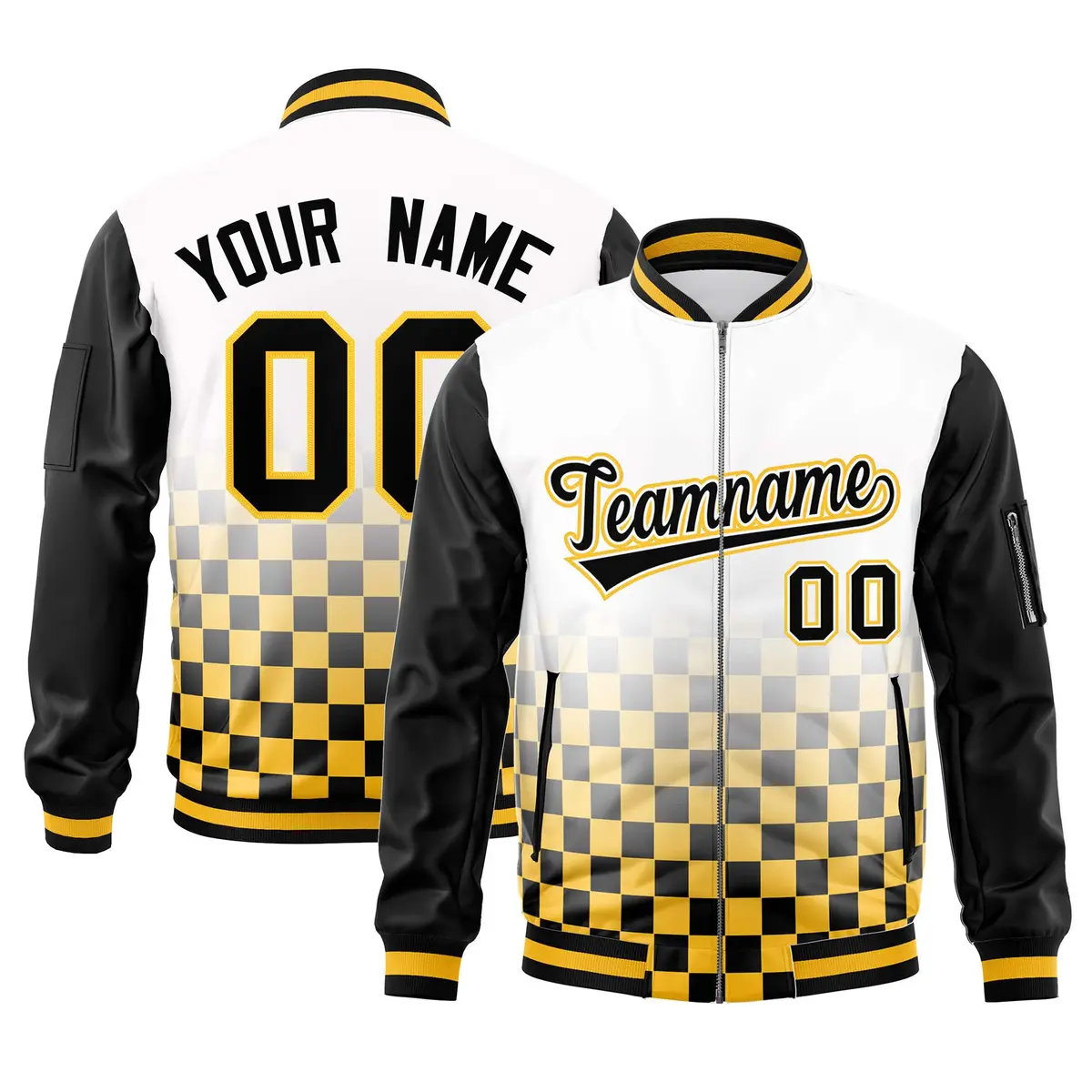 White Black Gold Grid Color Block Full-Zip Letterman Raglan Jacket