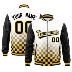 White Black Gold Grid Color Block Full-Zip Letterman Raglan Jacket