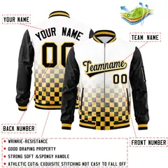 White Black Gold Grid Color Block Full-Zip Letterman Raglan Jacket 2