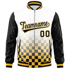 White Black Gold Grid Color Block Full-Zip Letterman Raglan Jacket 3