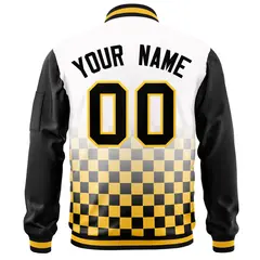 White Black Gold Grid Color Block Full-Zip Letterman Raglan Jacket 4