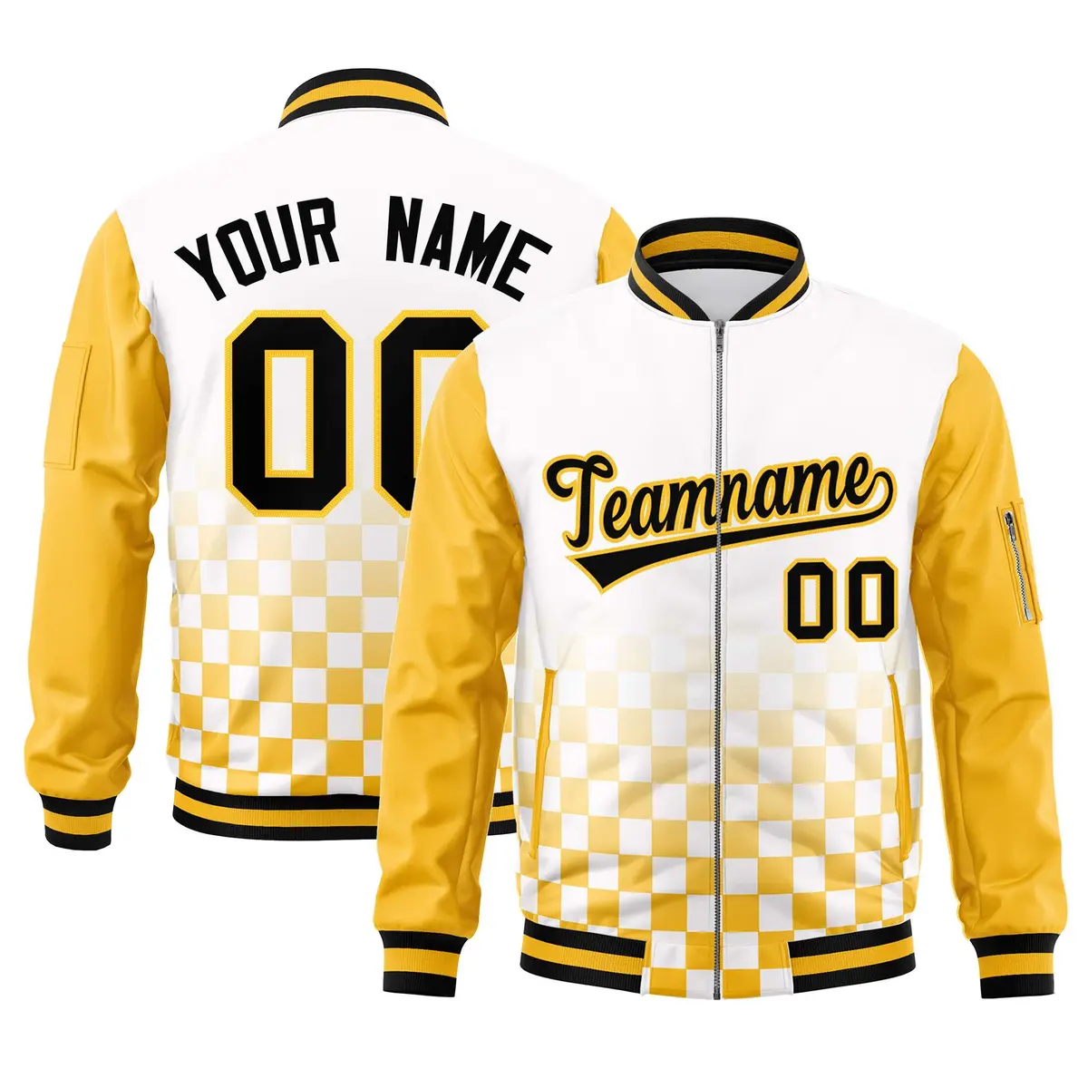 White Black Gold Grid Color Block Full-Zip Letterman Raglan Jacket