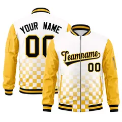 White Black Gold Grid Color Block Full-Zip Letterman Raglan Jacket