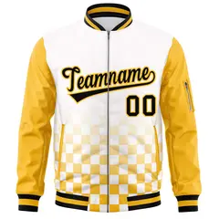White Black Gold Grid Color Block Full-Zip Letterman Raglan Jacket 3