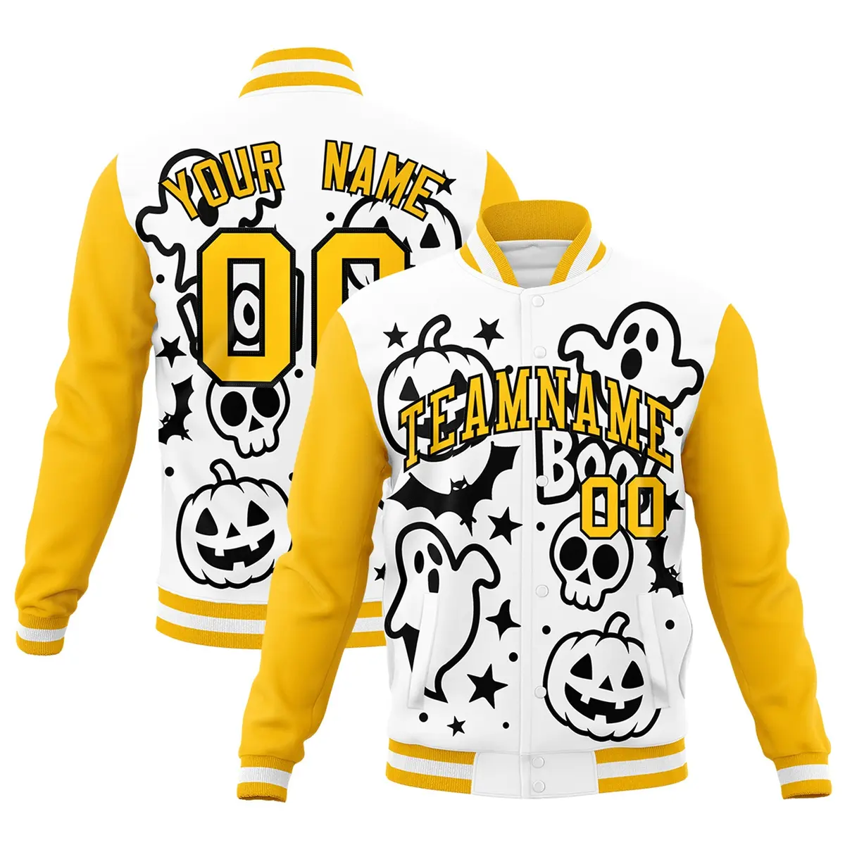 White Black Gold Halloween Bats Pumpkins Ghost Letterman Jacket