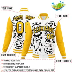 White Black Gold Halloween Bats Pumpkins Ghost Letterman Jacket 2