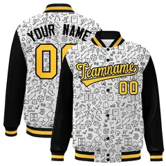 White Black-Gold Line Graffiti Raglan Varsity Letterman Jacket 1