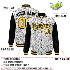 White Black-Gold Line Graffiti Raglan Varsity Letterman Jacket 2