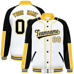 White Black-Gold Raglan Varsity Full-Snap Letterman Baseball Jacket 1