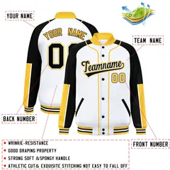 White Black-Gold Raglan Varsity Full-Snap Letterman Baseball Jacket 2