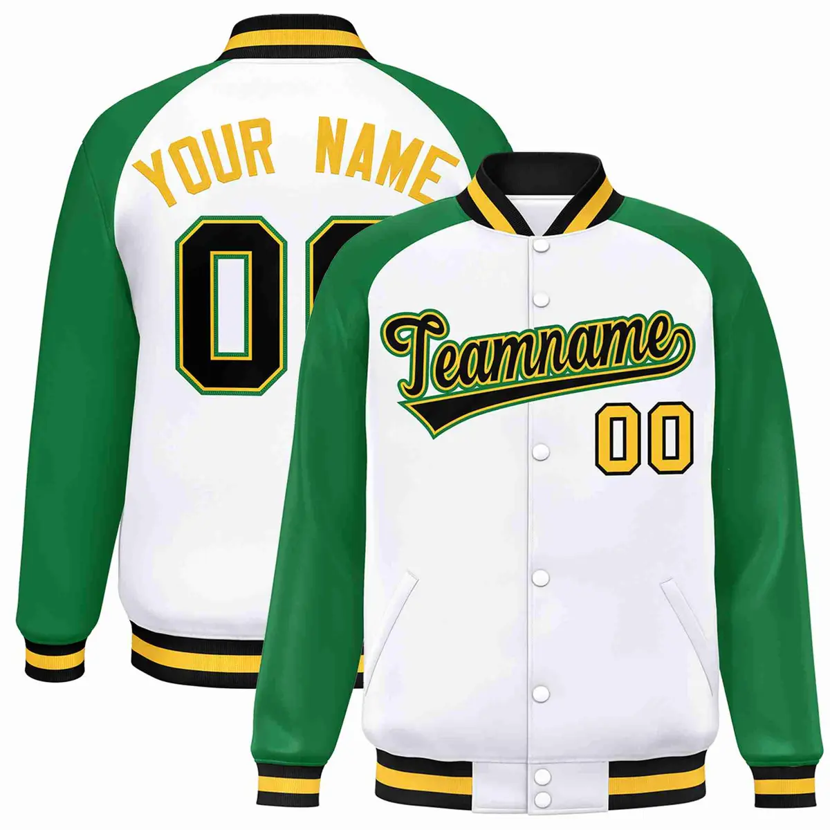 White Black-Gold Raglan Varsity Letterman Full-Snap Jacket