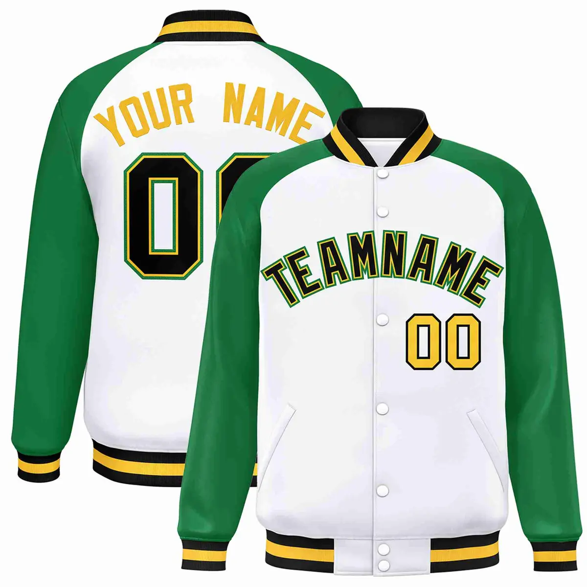 White Black-Gold Raglan Varsity Letterman Full-Snap Jacket