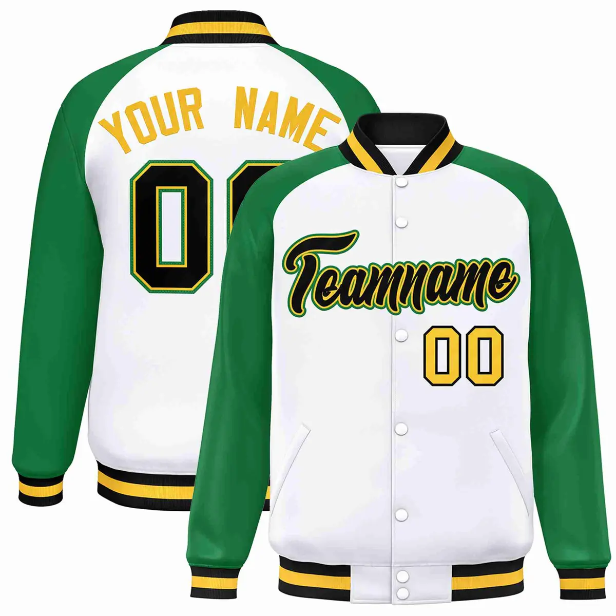 White Black-Gold Raglan Varsity Letterman Full-Snap Jacket