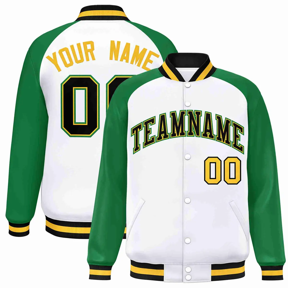 White Black-Gold Raglan Varsity Letterman Full-Snap Jacket