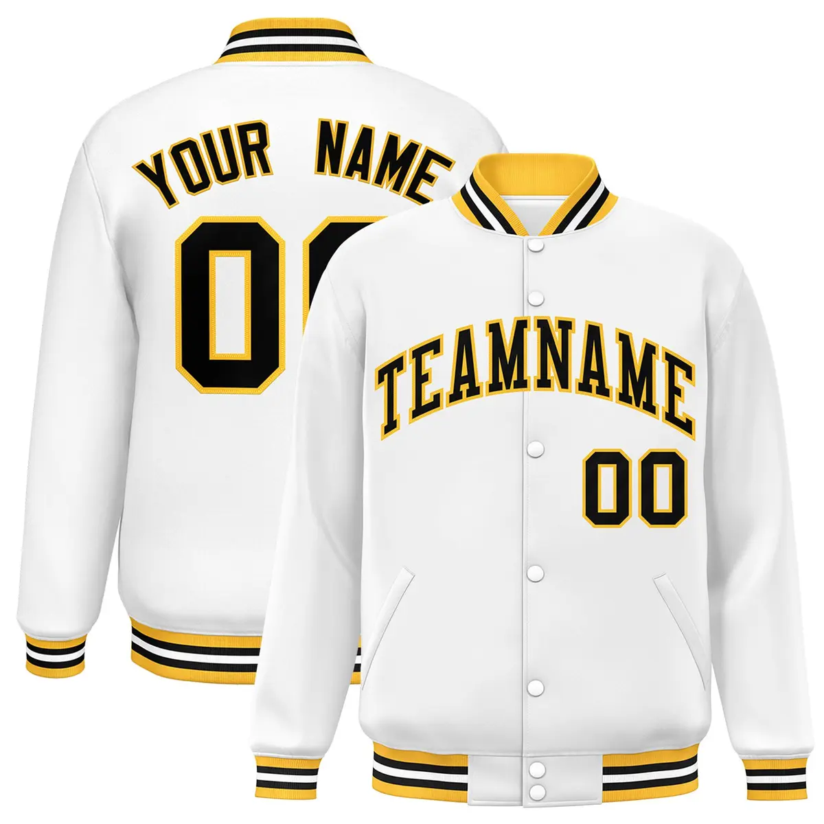 White Black-Gold Two Tone Letterman Full-Snap Varsity Jacket
