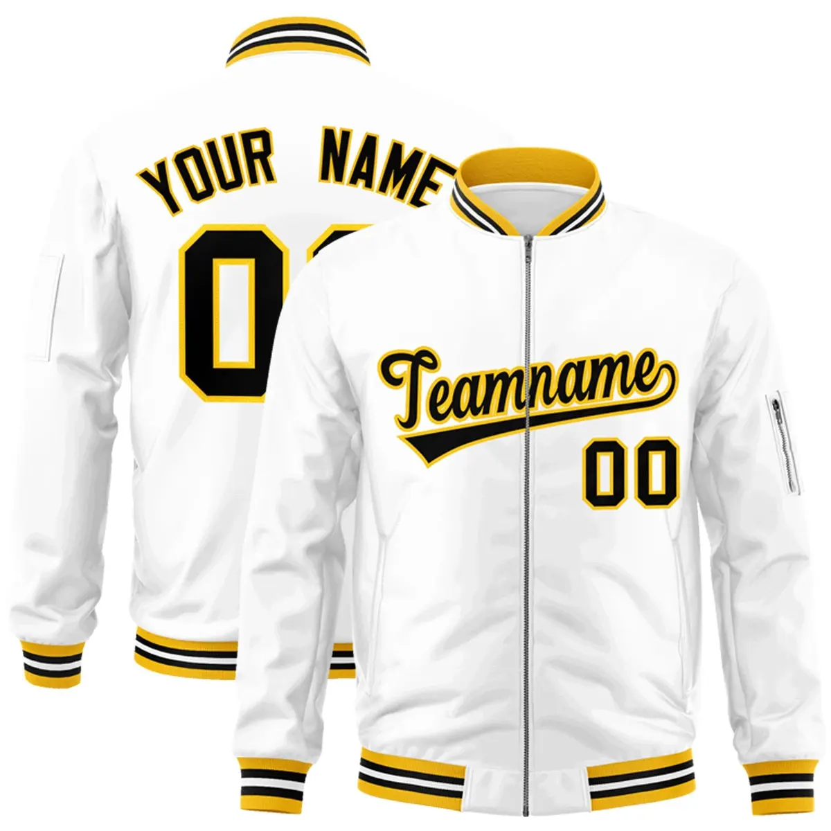 White Black-Gold Varsity Full-Zip Letterman Bomber Jacket