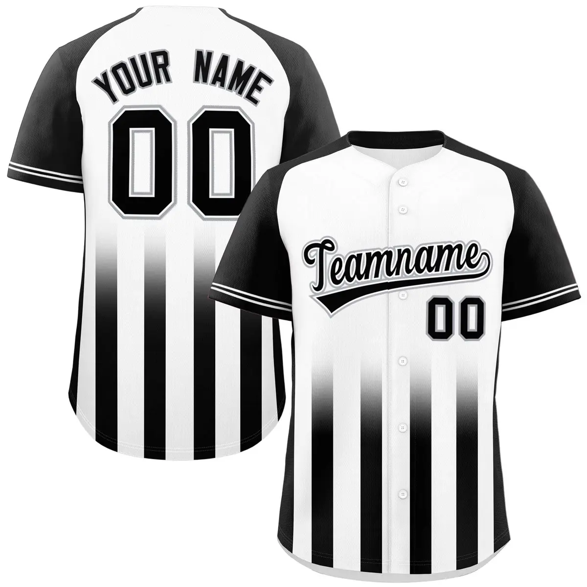 White Black Gradient Thick Stripe Raglan Baseball Jersey