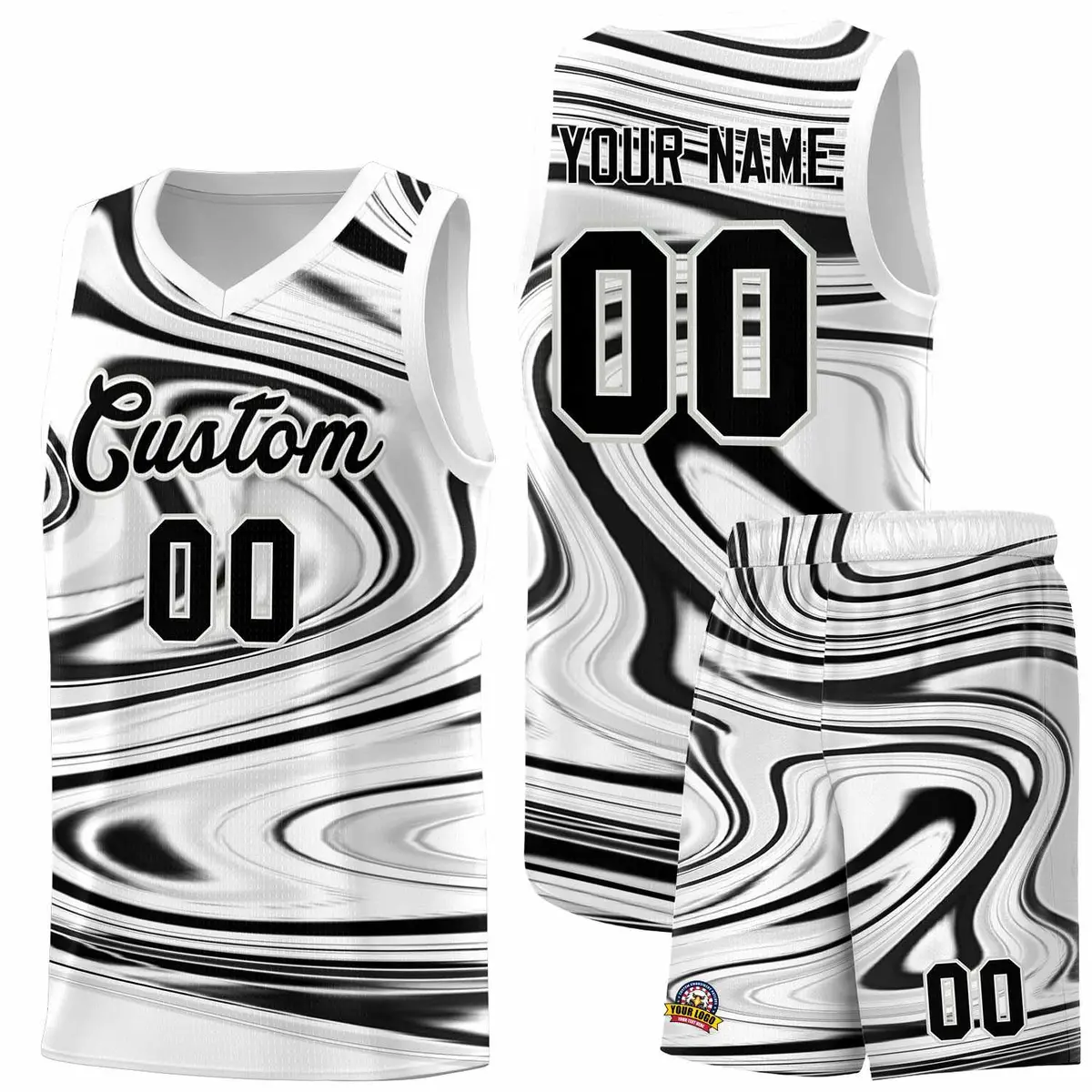 White Black Graffiti Fluids Style Basketball Jersey Sets