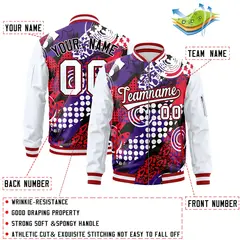 White Black Graffiti Pattern Full-Zip Varsity Letterman Bomber Jacket 2