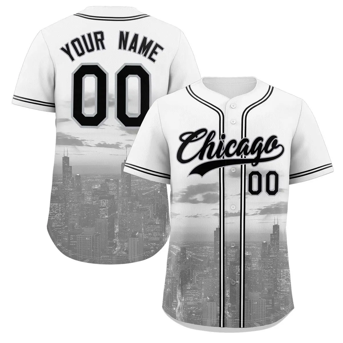 White Black-Gray Chicago City Skyline Baseball Jersey