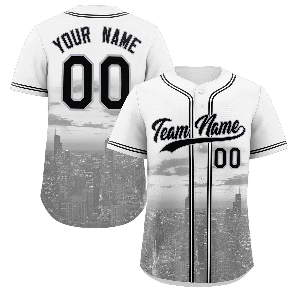 White Black-Gray Chicago City Skyline Baseball Jersey
