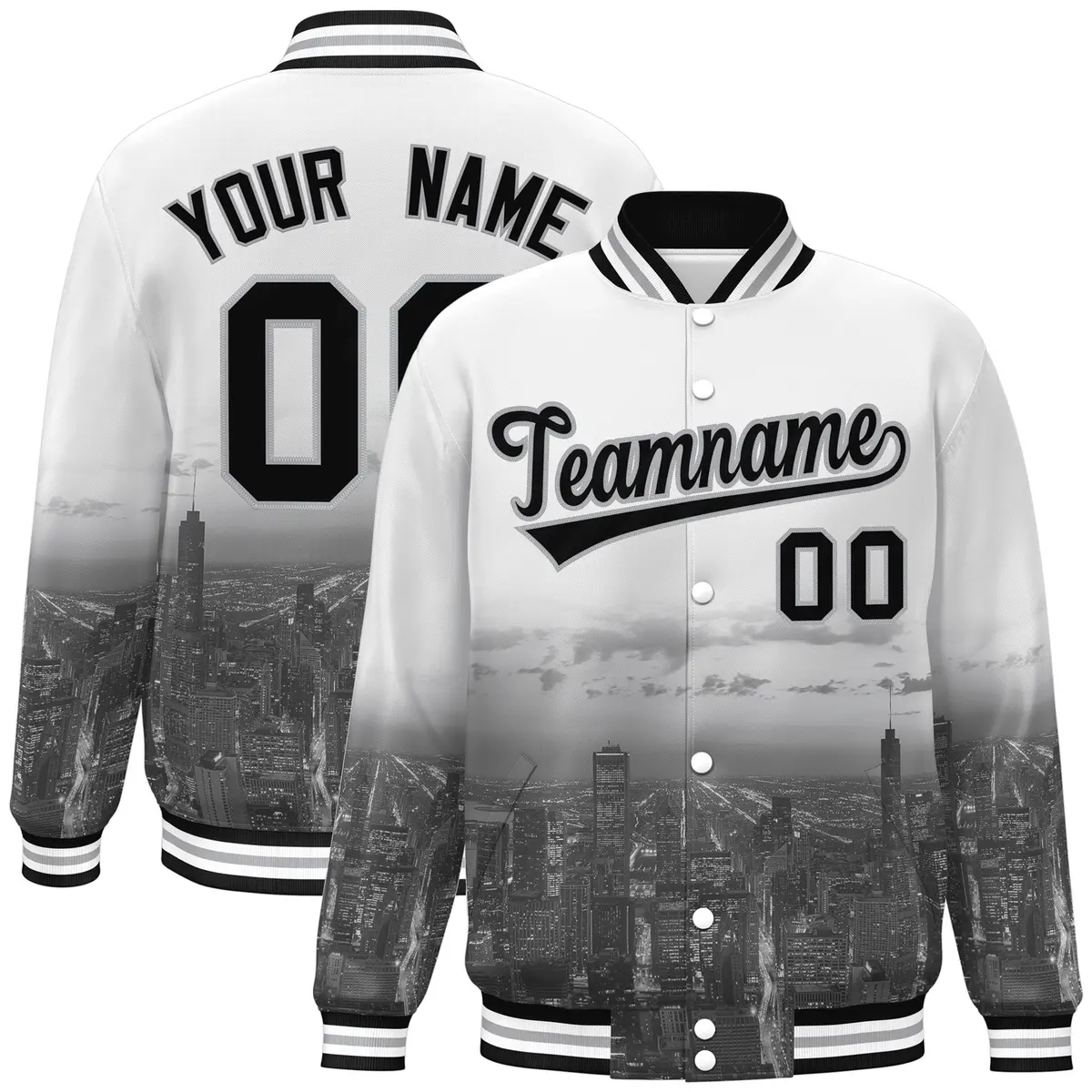 White Black-Gray Chicago City Skyline Varsity Full-Snap Track Jacket