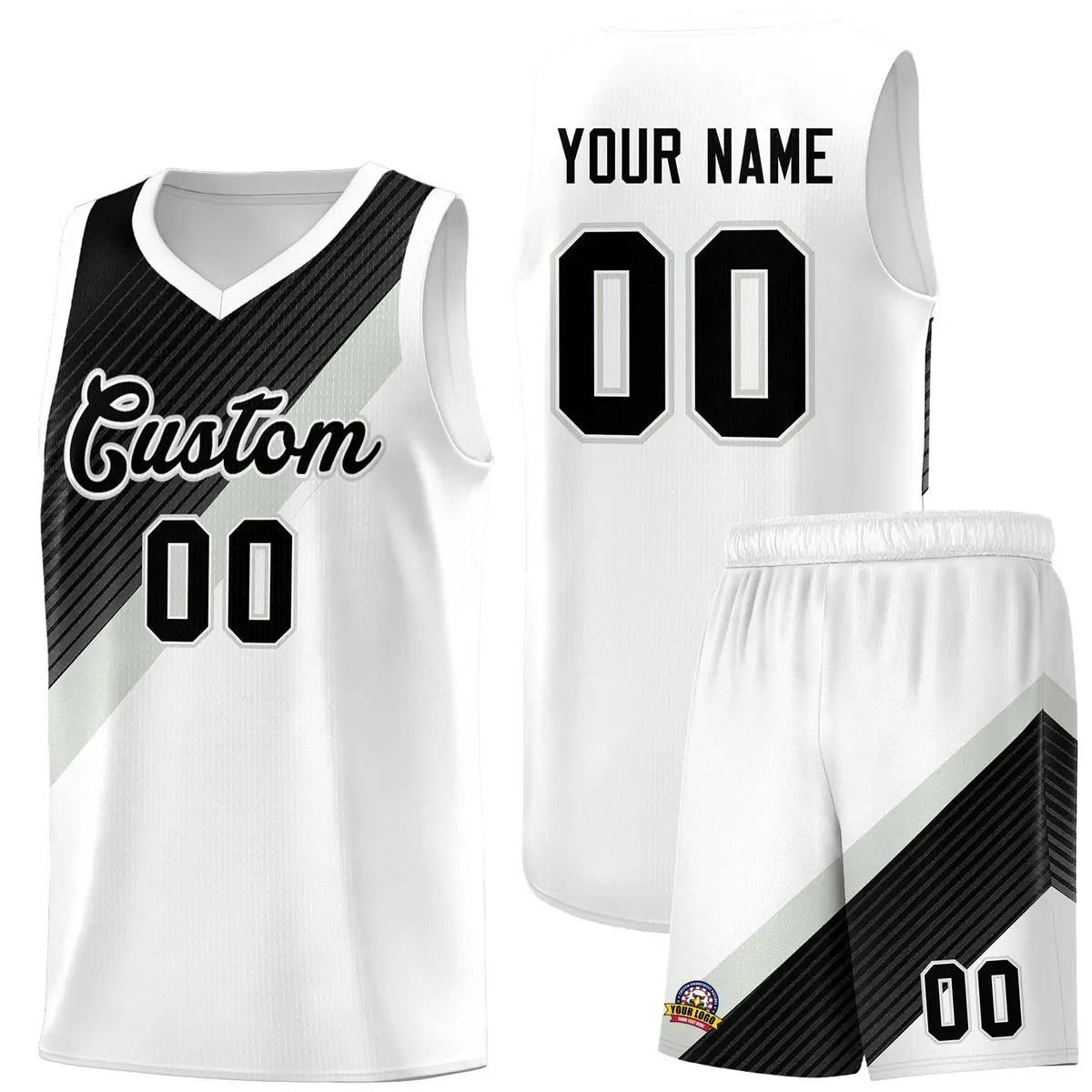 White Black Gray Diagonal Stripes Color Block Basketball Jersey