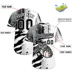 White Black Gray Full-Snap Tiger Graffiti Baseball Jersey 2