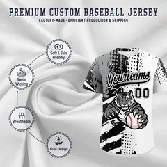 White Black Gray Full-Snap Tiger Graffiti Baseball Jersey 3