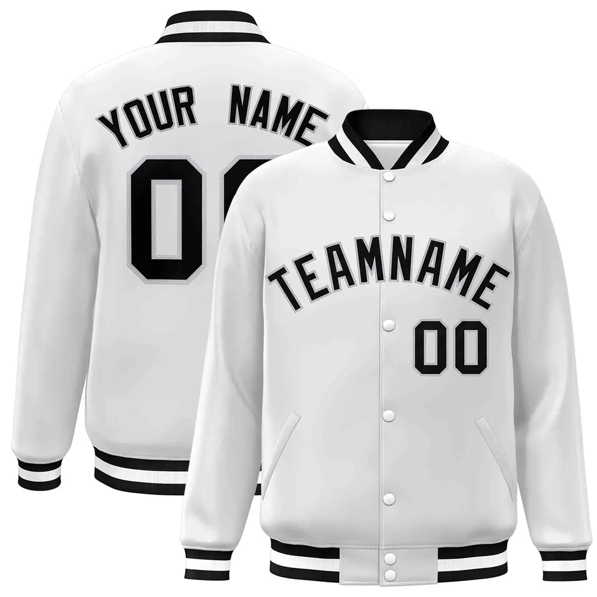 White Black-Gray Full-Snap Varsity Letterman Jacket